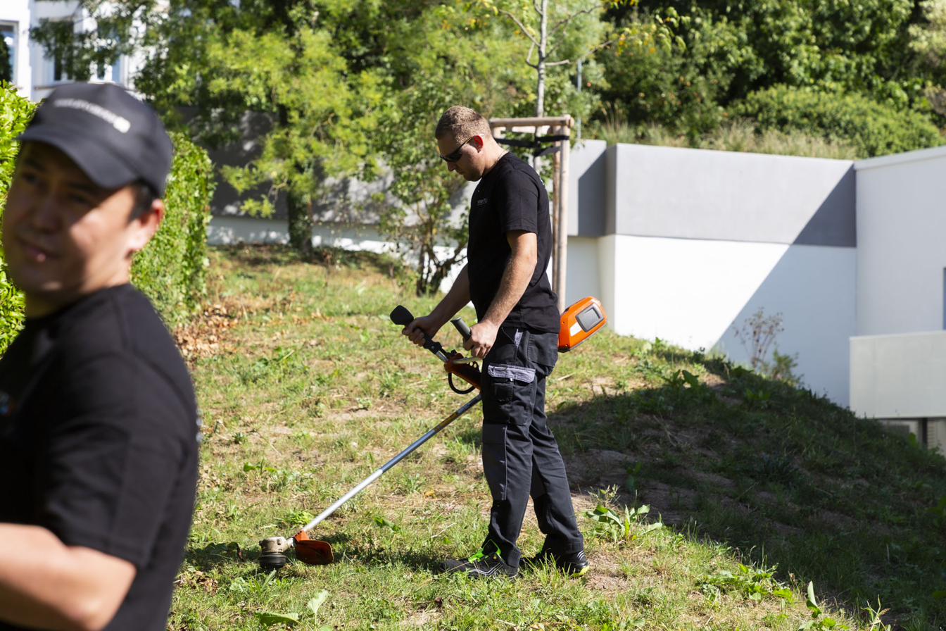 Simplify Mitarbeiter bei der professionellen Gartenpflege vor einem Objekt